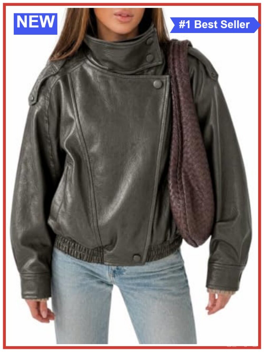 Faux Leather Oversized Zip Up Motor Biker Bomber Jacket Balloon Sleeve